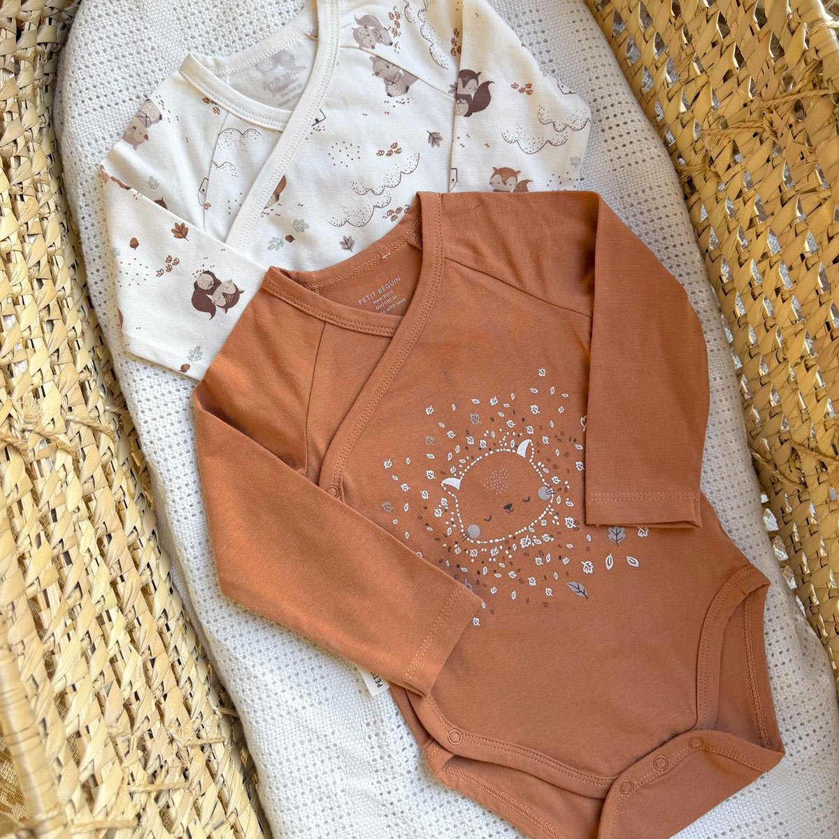 Lot de 2 bodies bébé manches longues ouverture croisée Caramel marron, PETIT BEGUIN