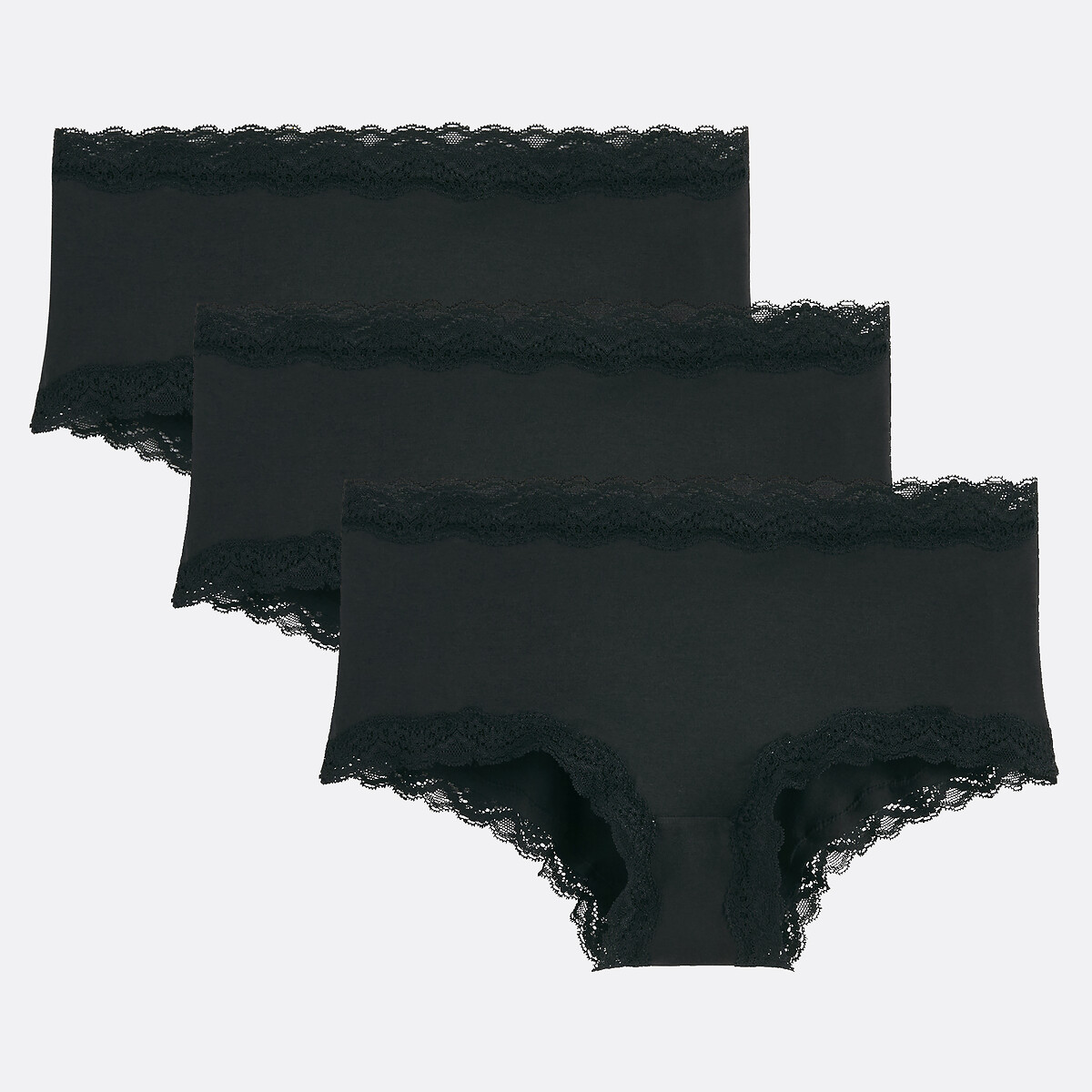 Lot de 3 shorties en coton et dentelle noir + noir + noir, LA REDOUTE COLLECTIONS
