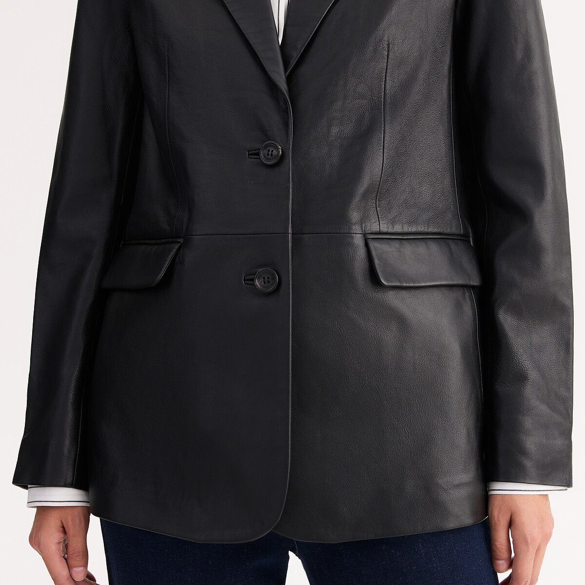 Blazer coupe droite, en cuir d'agneau noir, ANNE WEYBURN