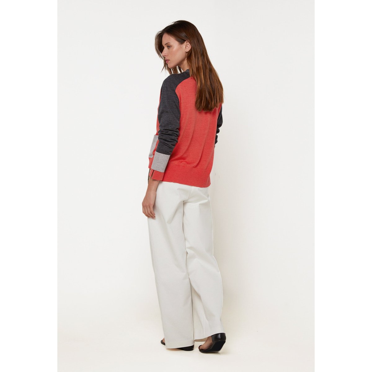 Gilet tricolore en laine mérinos orange corail, RODIER