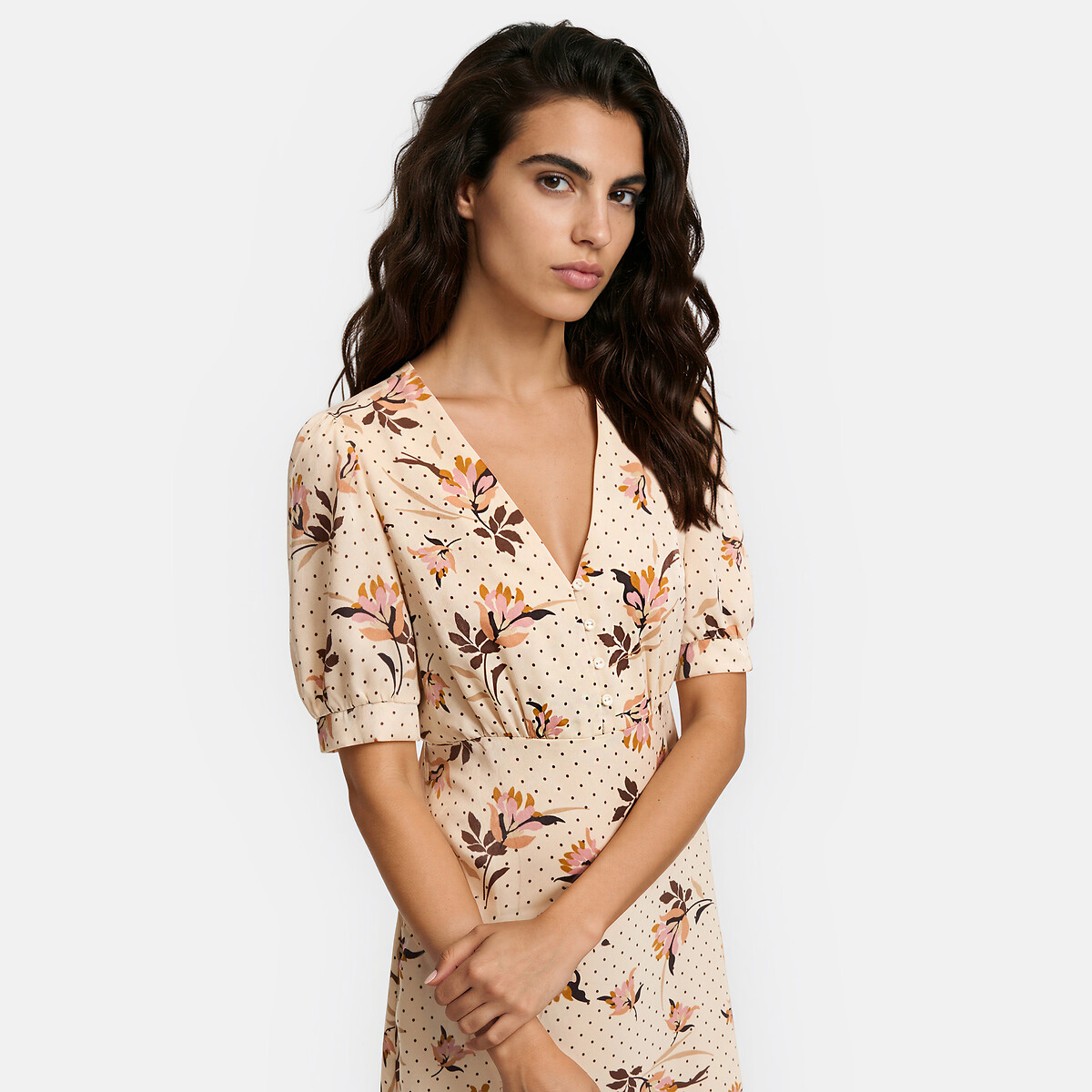 Vestido midi com decote em V, estampado floral e mangas curtas estampado flor rosa, LA REDOUTE COLLECTIONS