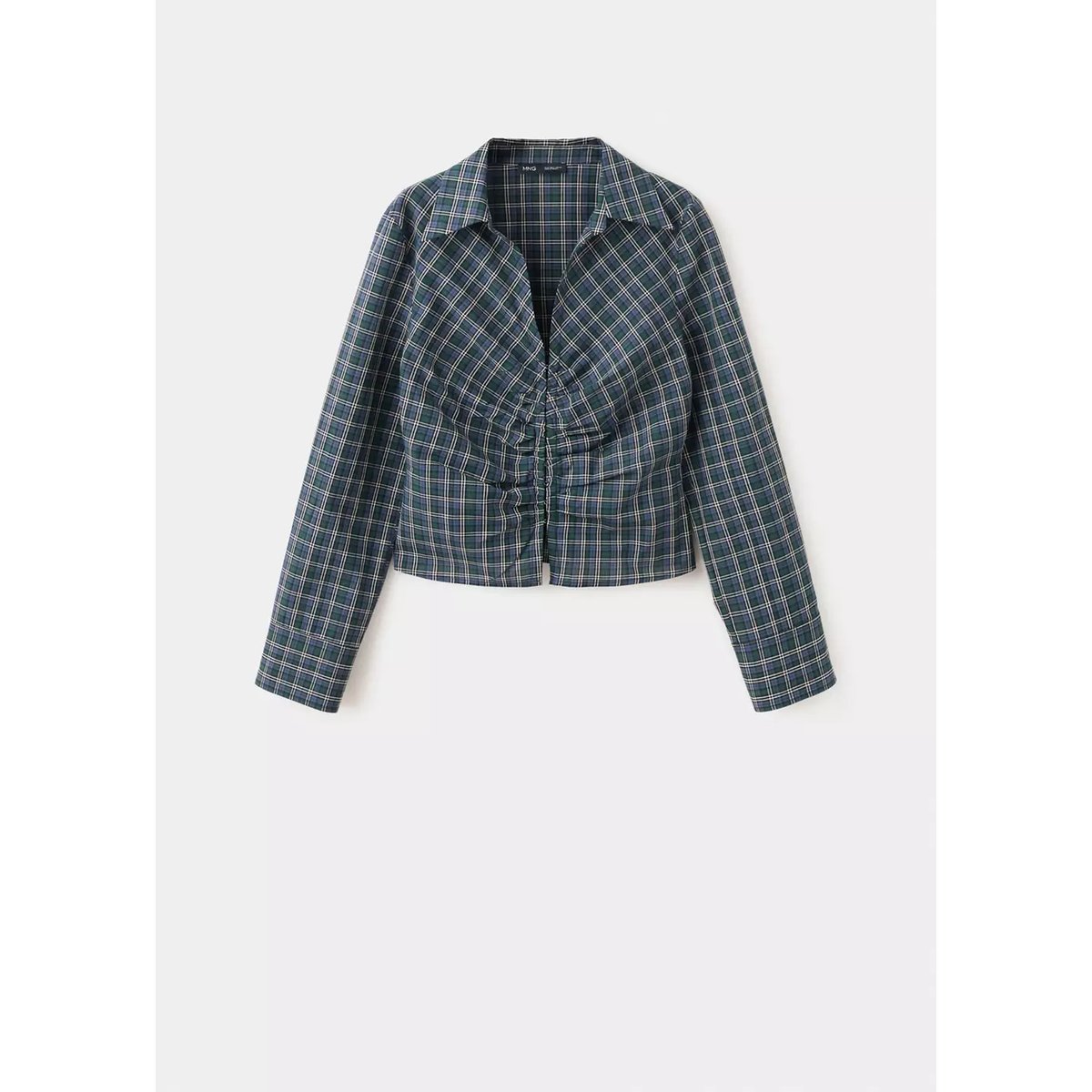 Blouse à carreaux et fronces bleu, MANGO