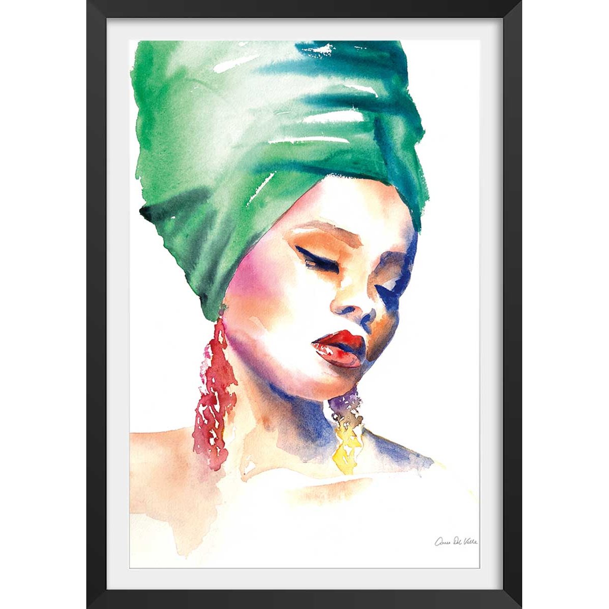 Affiche mode Portrait turban vert affiche + cadre en bois - noir, HEXOA