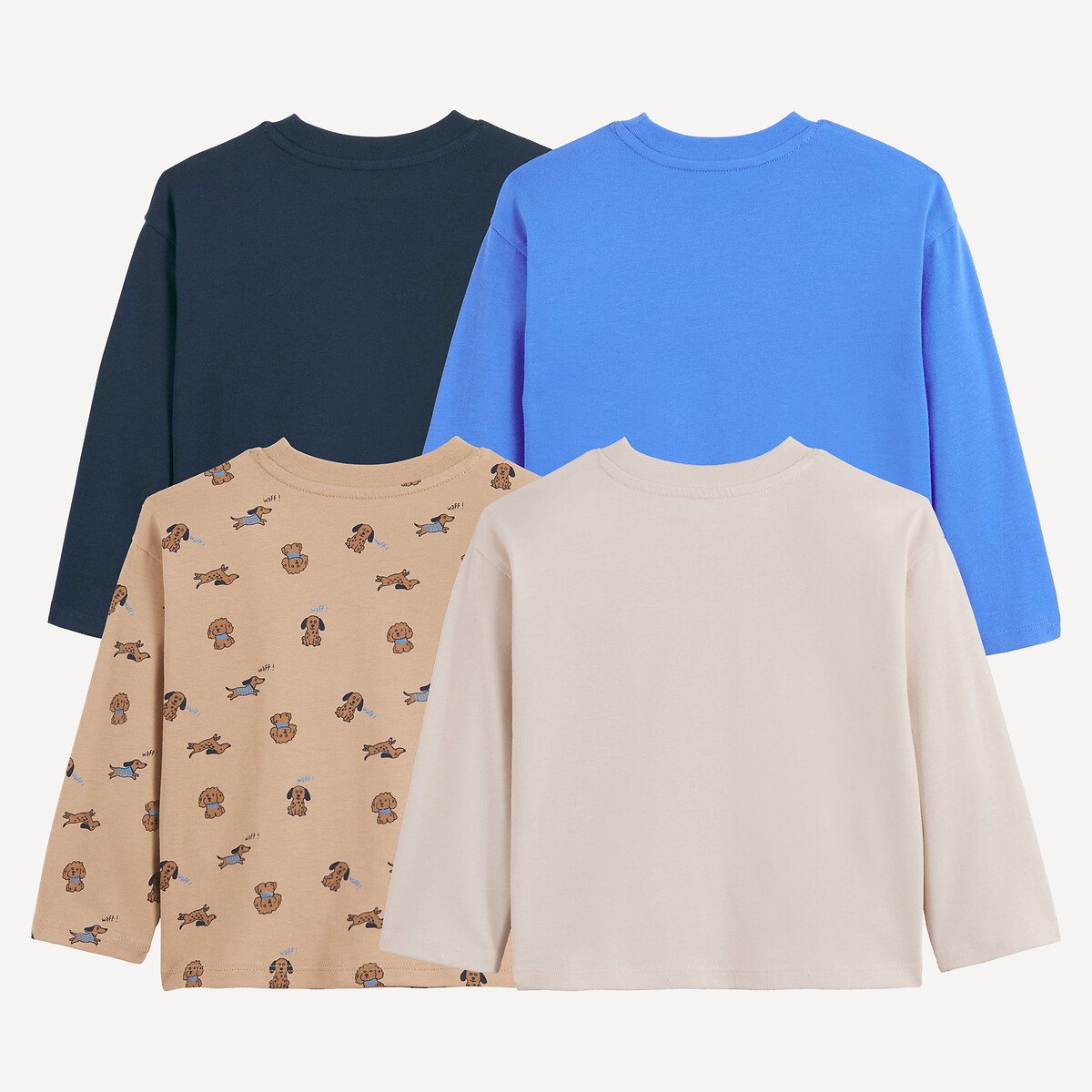 Lot de 4 T-shirts à manches longues, thème chiens bleu + imprimé écru, LA REDOUTE COLLECTIONS