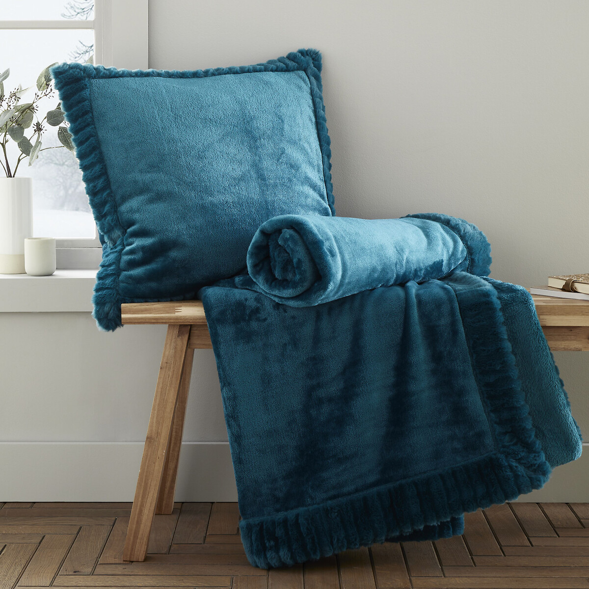 Velvet And Faux Fur Cushion teal, CATHERINE LANSFIELD