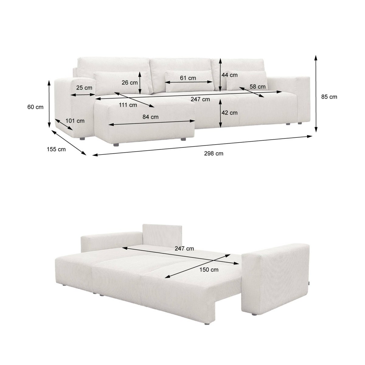 Canapé d'angle convertible réversible 3 places tissu chenille avec coffre THEO beige, SWEEEK