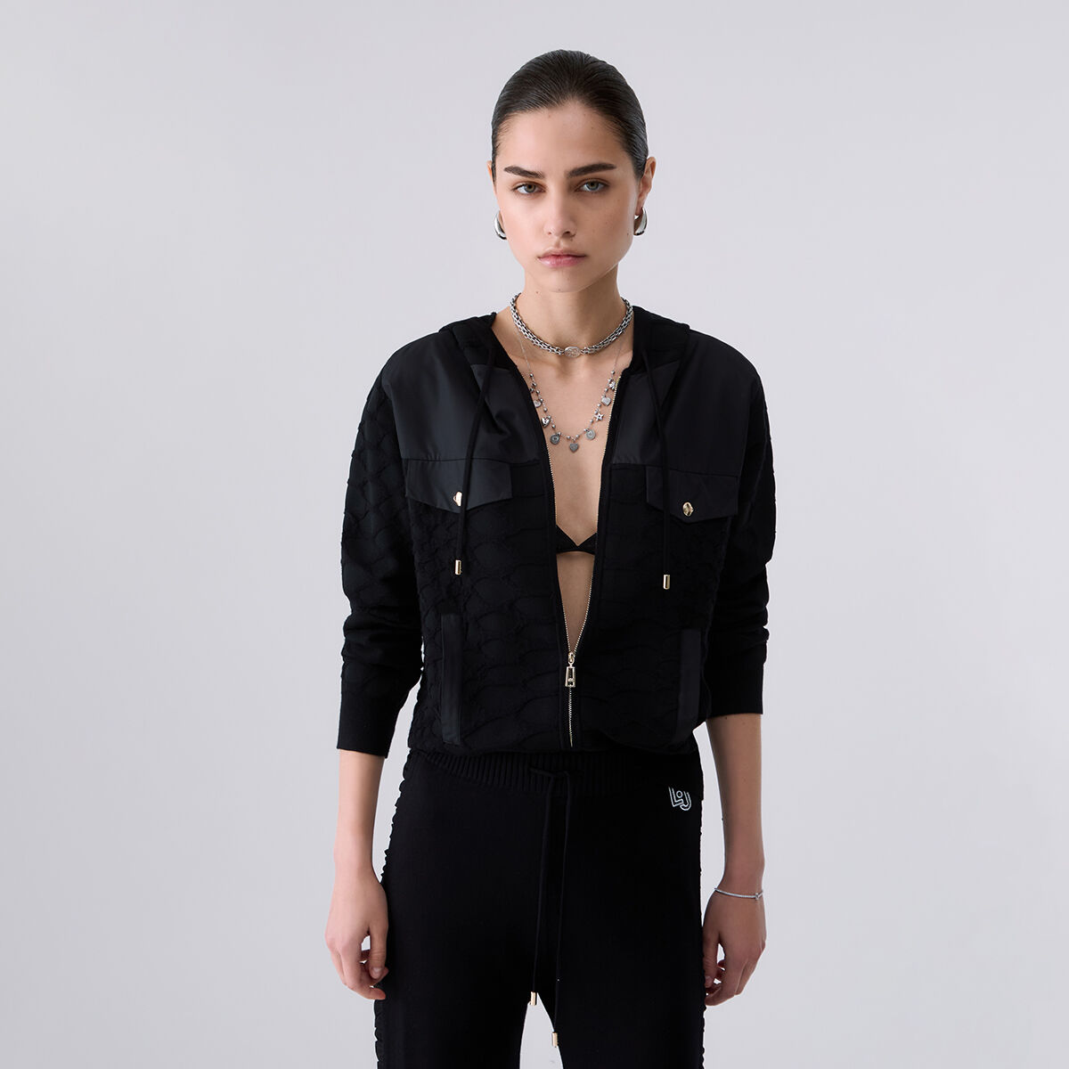 Pull à capuche zippé noir, LIU JO