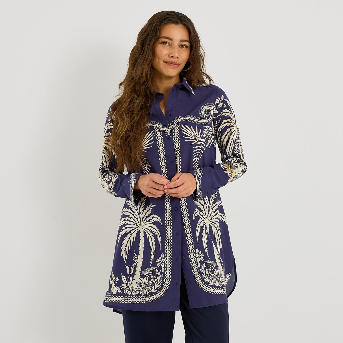 Chemise longue imprimé tropical bleu marine, GRAIN DE MALICE