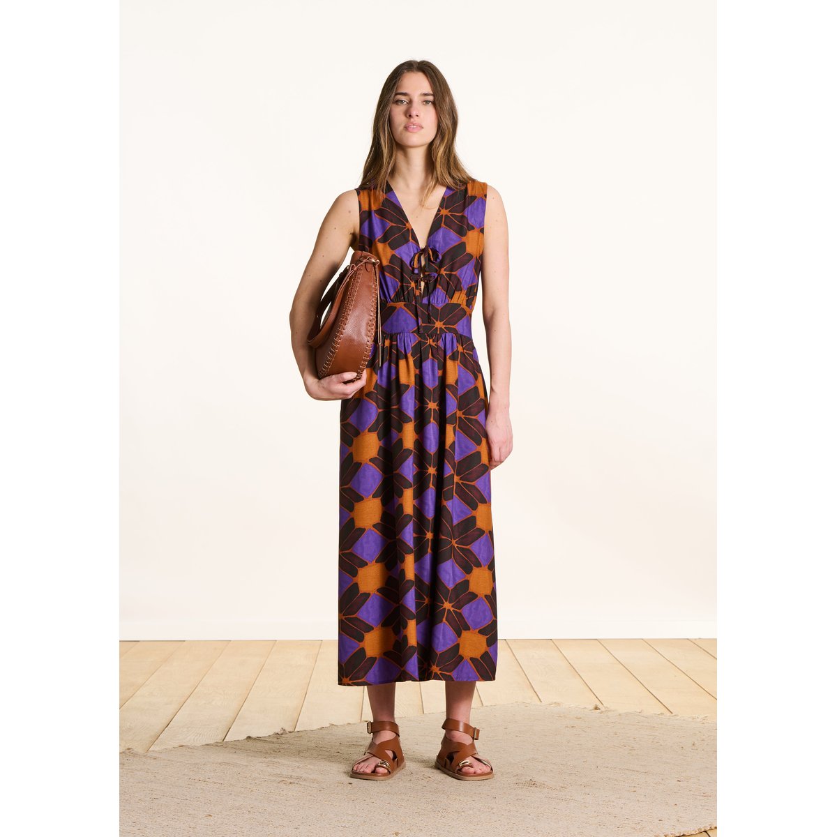 Robe longue cintrée sans manches à imprimé tandoori/violet, LA FEE MARABOUTEE