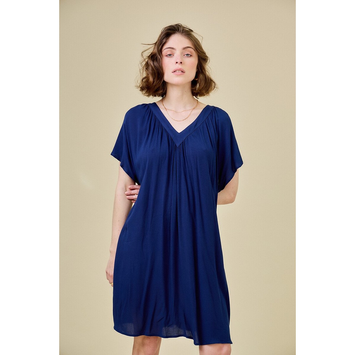V-Neck Flared Dress navy blue, SEE U SOON