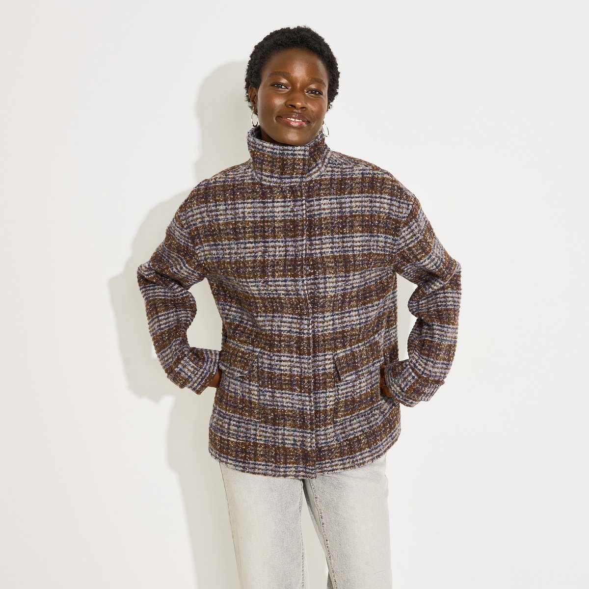 Manteau court à carreaux marron, GRAIN DE MALICE