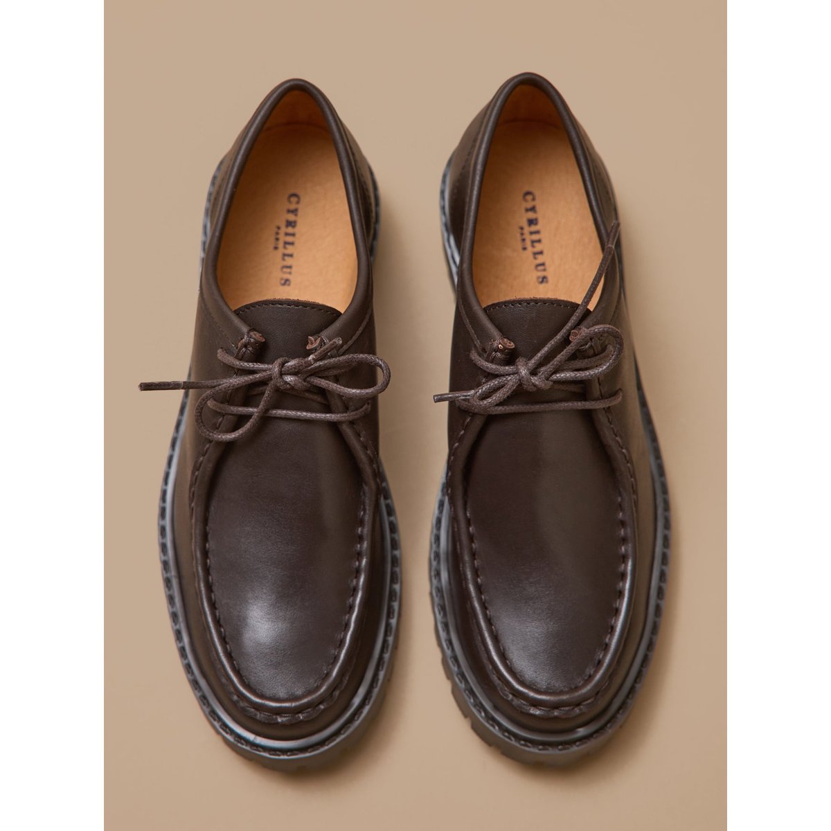 Derbies semelle crantée cuir chocolat, CYRILLUS