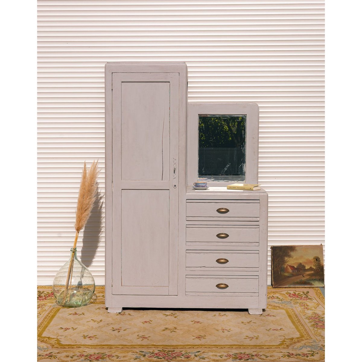 Armoire asymétrique en bois bleu gris Blandine N°489 - Bon état bleu clair, DEBONGOUT
