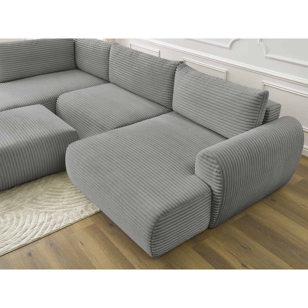 Canapé panoramique convertible 6 places en gros côtelé doux avec pouf, LUCIEN gris foncé, BOBOCHIC