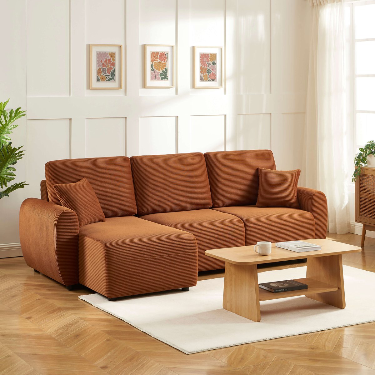 Canapé d'angle convertible velours  DANILO terracotta, BAÏTA