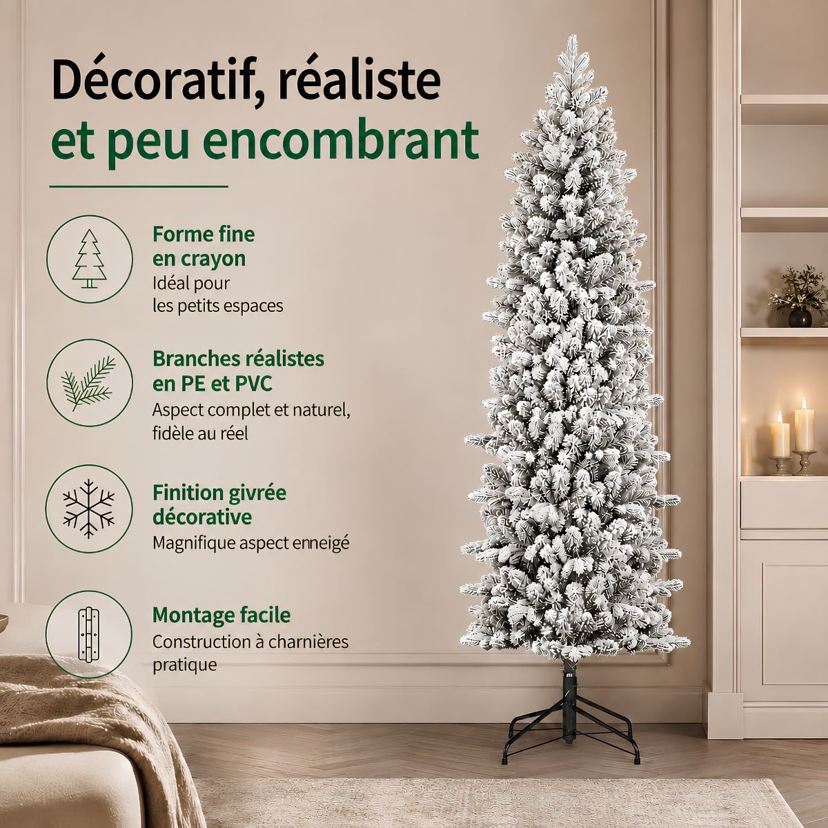 Sapin de Noël artificiel étroit et enneigé H230 cm HARMA vert, BLACK BOX TREES