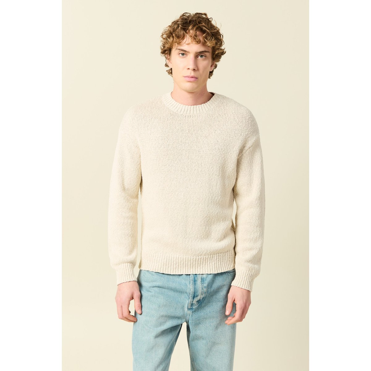 Pull col rond manches longues en coton sable, BONOBO