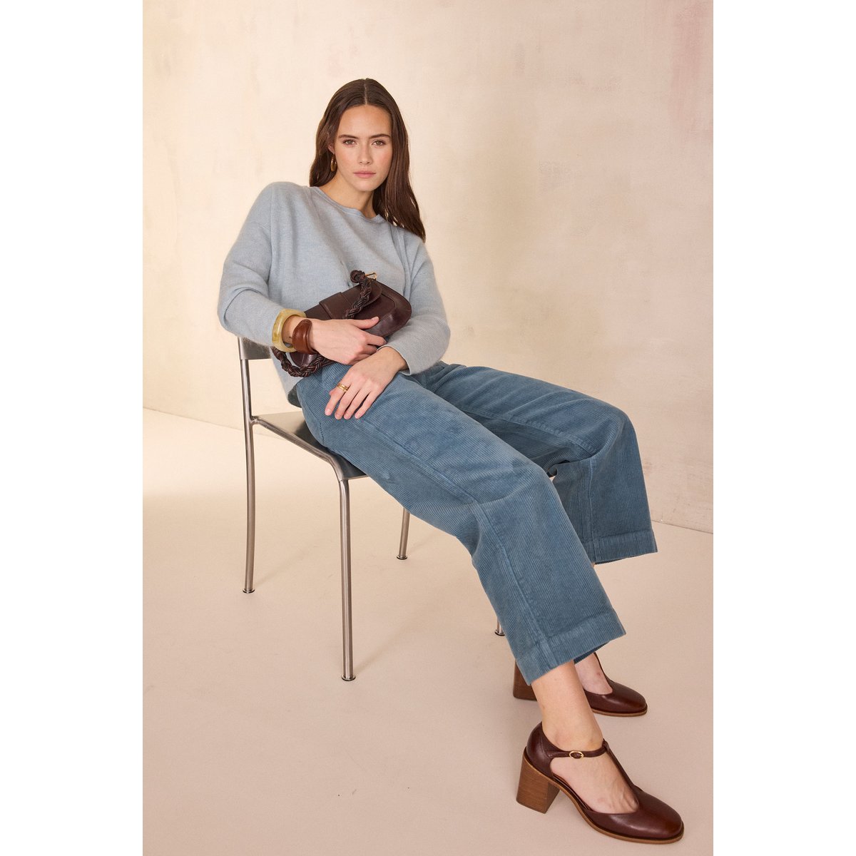 Pantalon chino en velours côtelé SELYNA turquoise, Maison 123