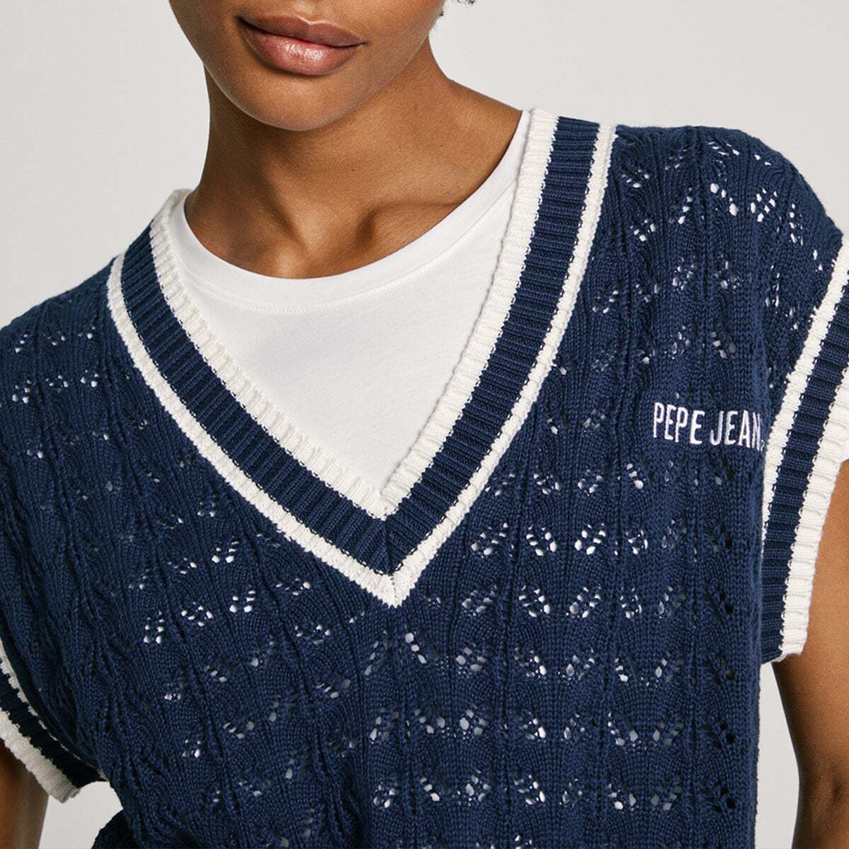 Gilet Col V En Maille Ajourée bleu marin, PEPE JEANS