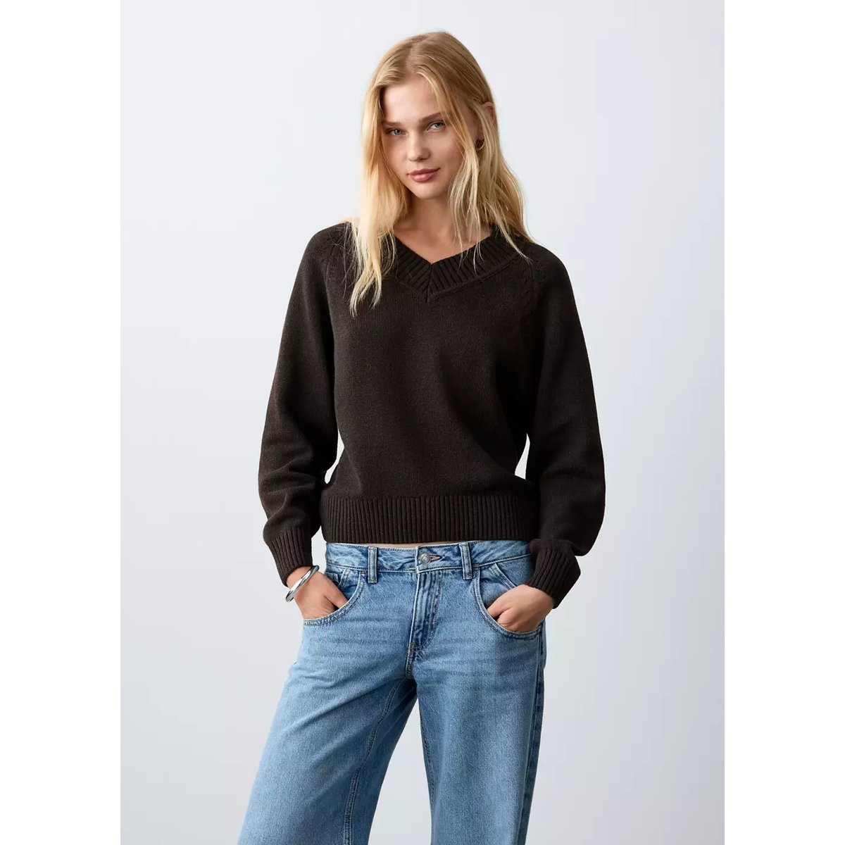Pull-over maille col en V marron, MANGO TEEN