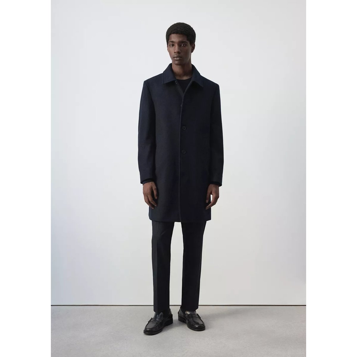 Manteau en laine à col chemise bleu nuit, MANGO MAN