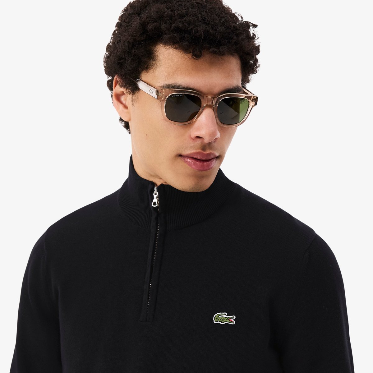 Pull zippé coton uni col montant noir-031, LACOSTE