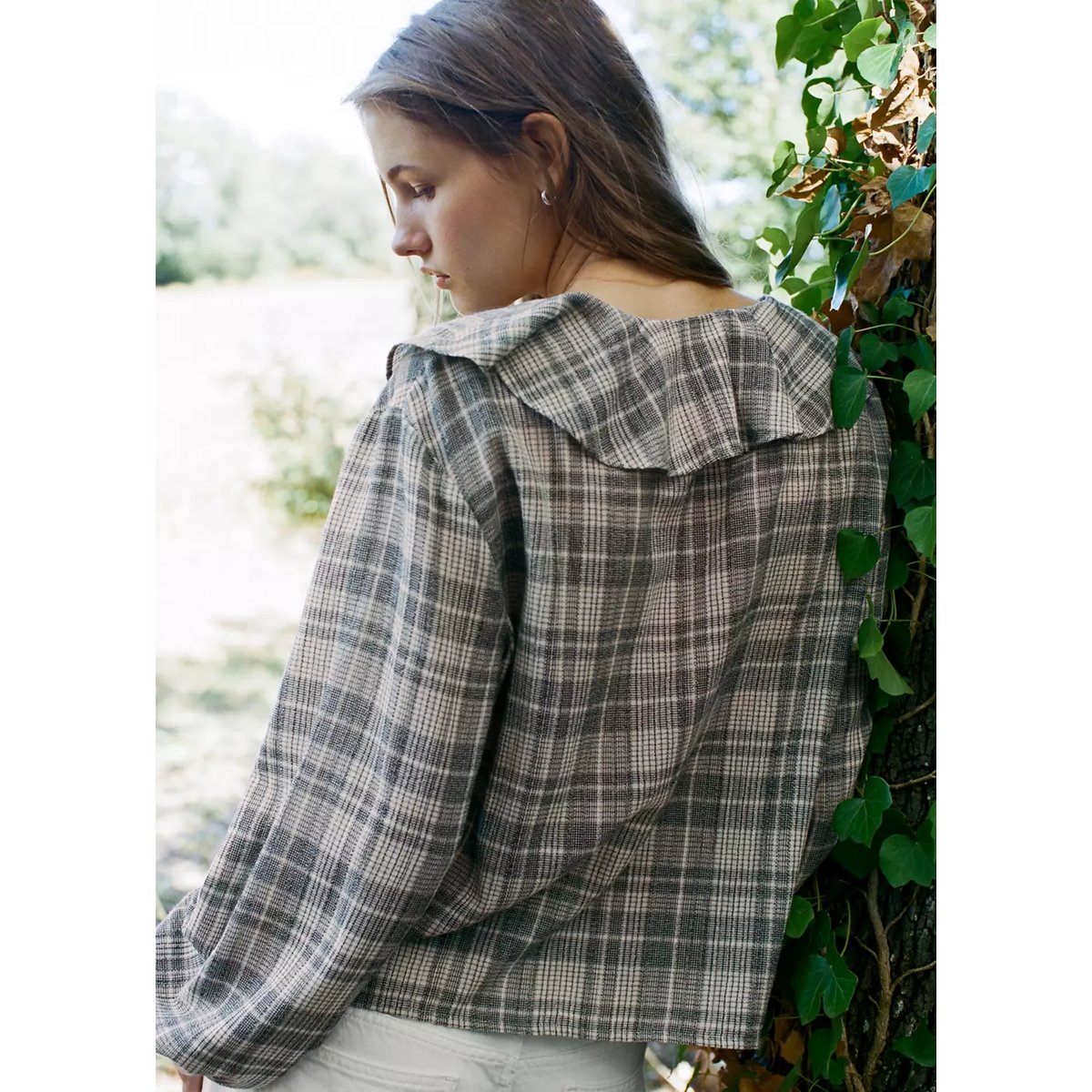 Blouse à carreaux à volant blanc cassé, MANGO TEEN