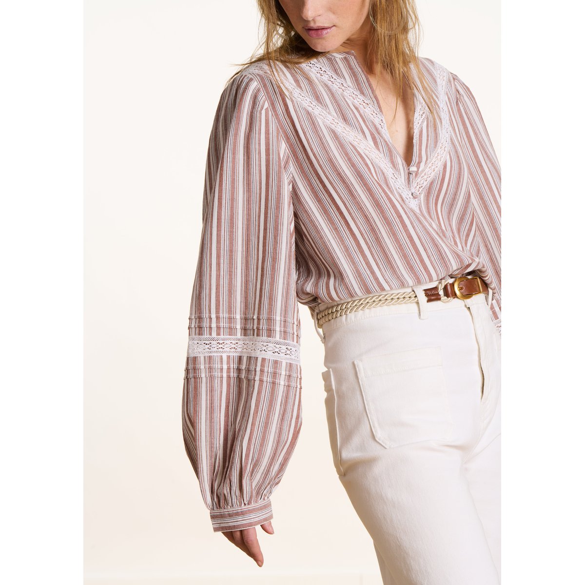 Blouse manches longues à rayures en coton blanc/marron, LA FEE MARABOUTEE