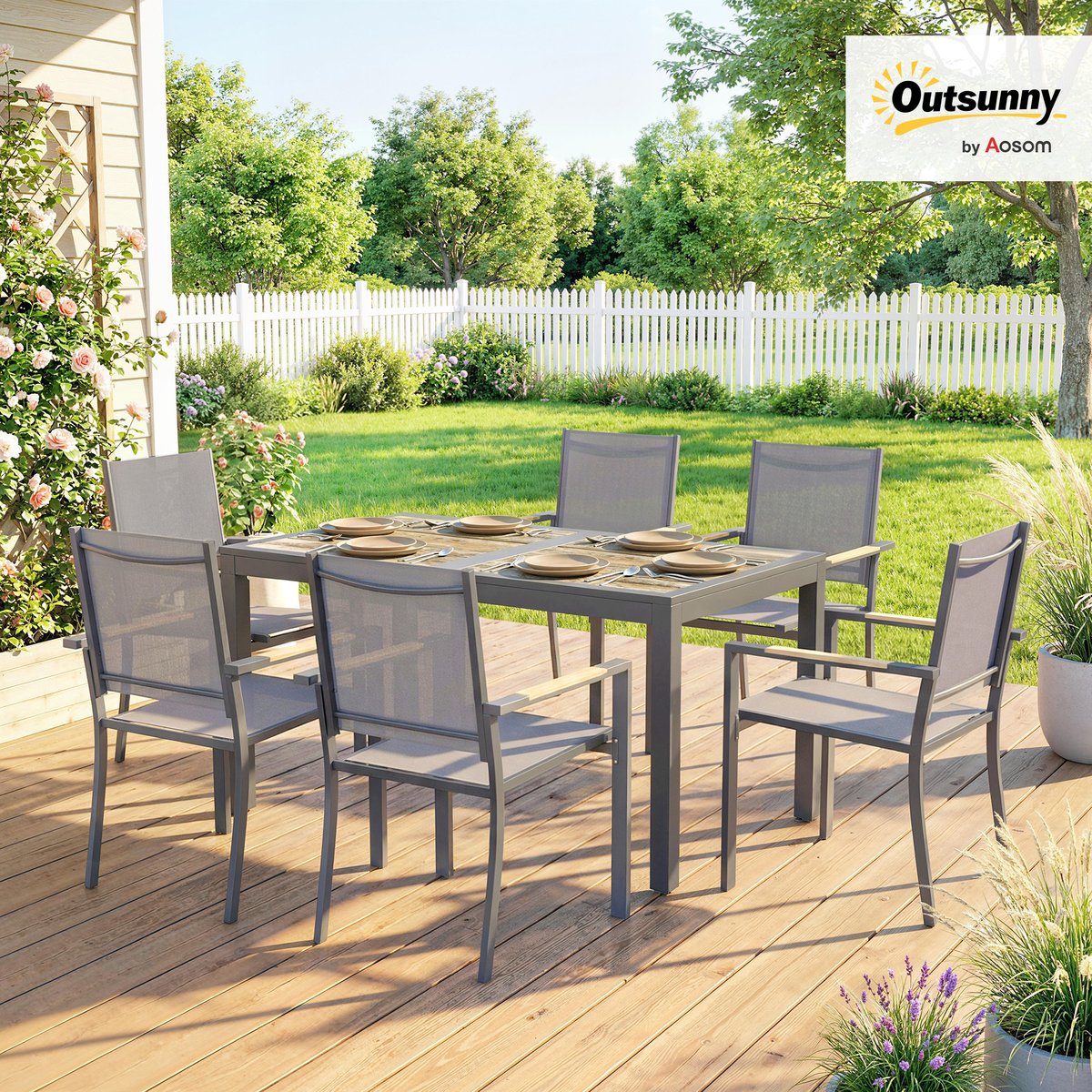 Ensemble de salon de jardin Acier Galvanisé gris foncé, marron clair, OUTSUNNY