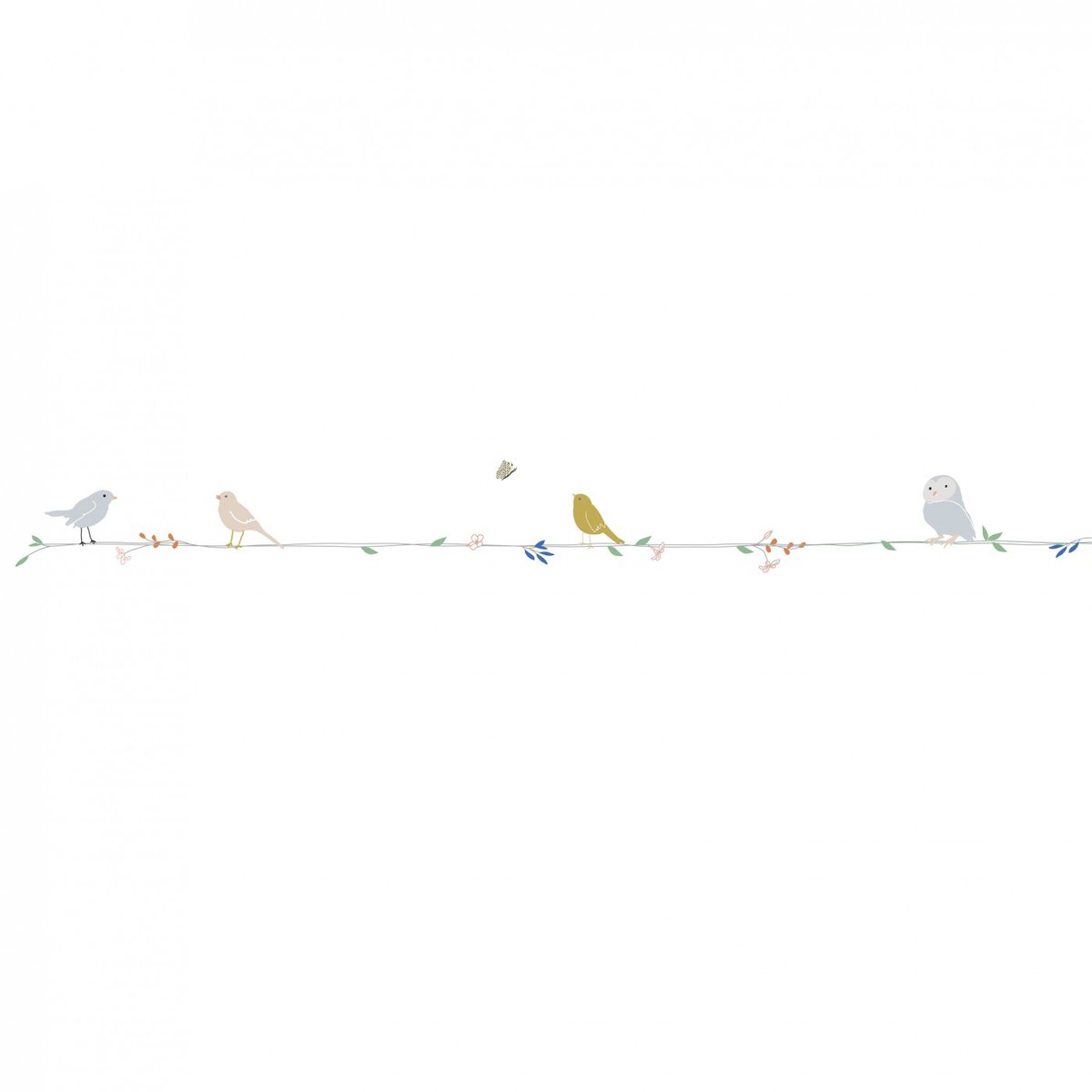 Frise adhésive Fleurs et Oiseaux gris, vert, bleu, MIMI'LOU