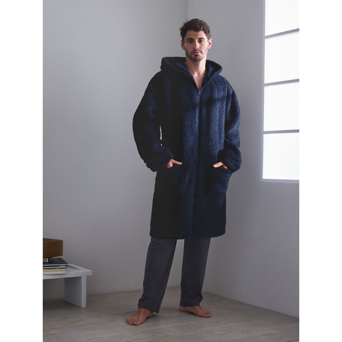 Robe de chambre zippé en peau lainée bleu marine, NEXT