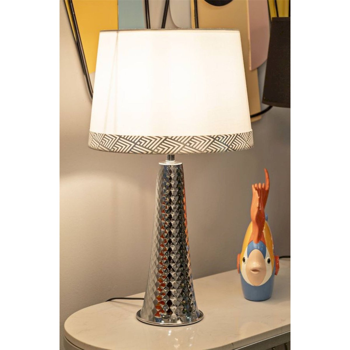 Lampe à poser pied en fer abat-jour tissu GLAM argenté et blanc, RECOLLECTION