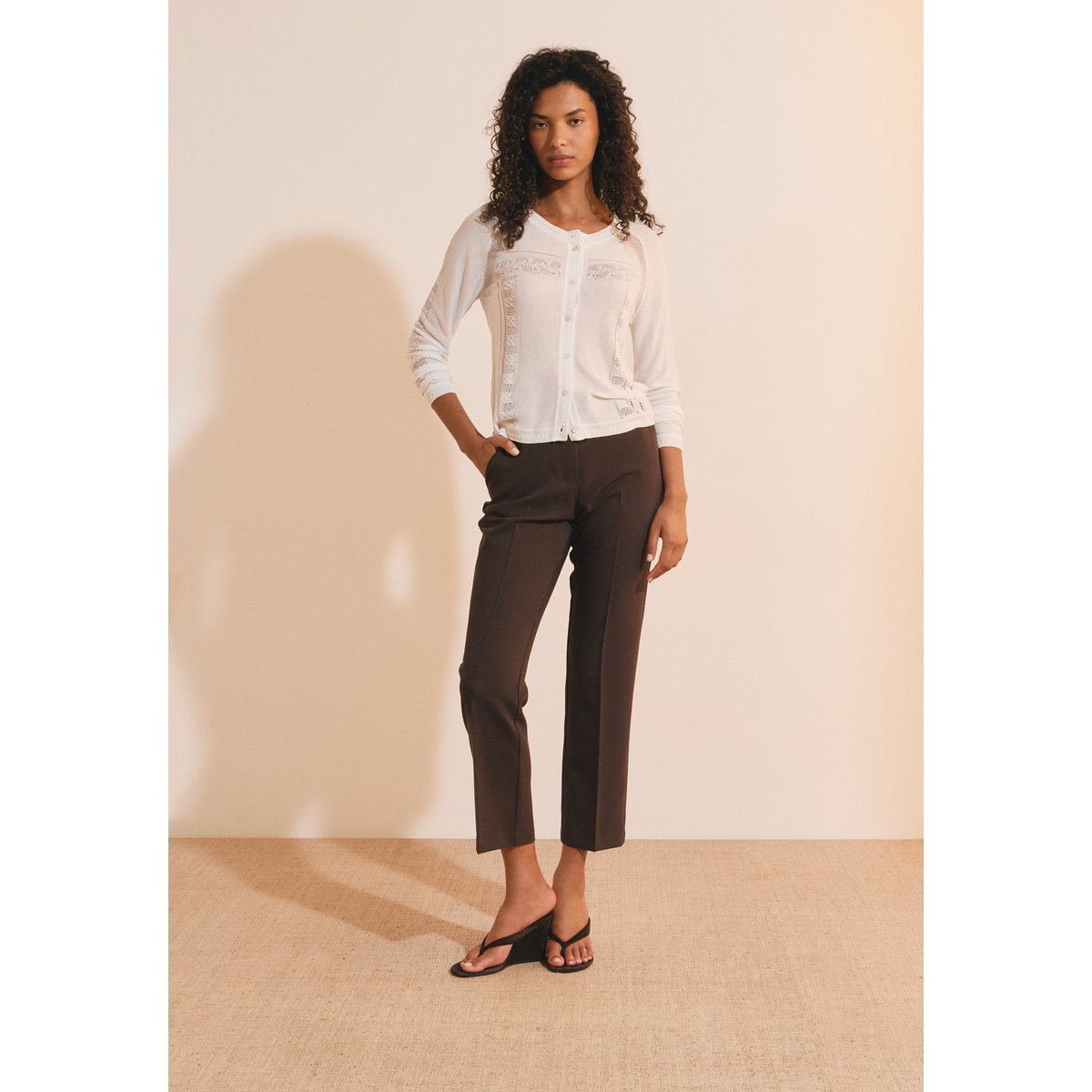 Cardigan fin à détails ajourés SUZANE CARDI ecru, ETAM