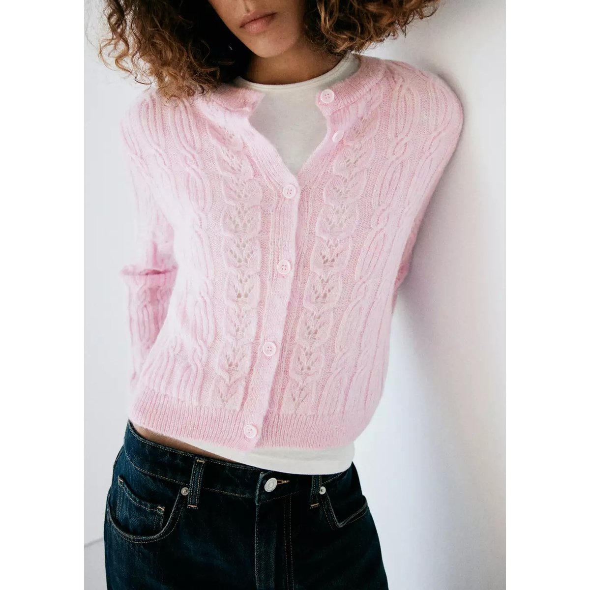 Cardigan maille torsadée rose pastel, MANGO