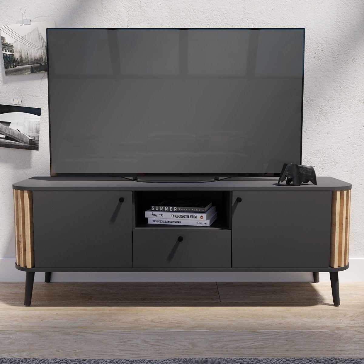Meuble TV 1 tiroir, 2 portes et 1 niche L138 cm - PURE bois, CALICOSY