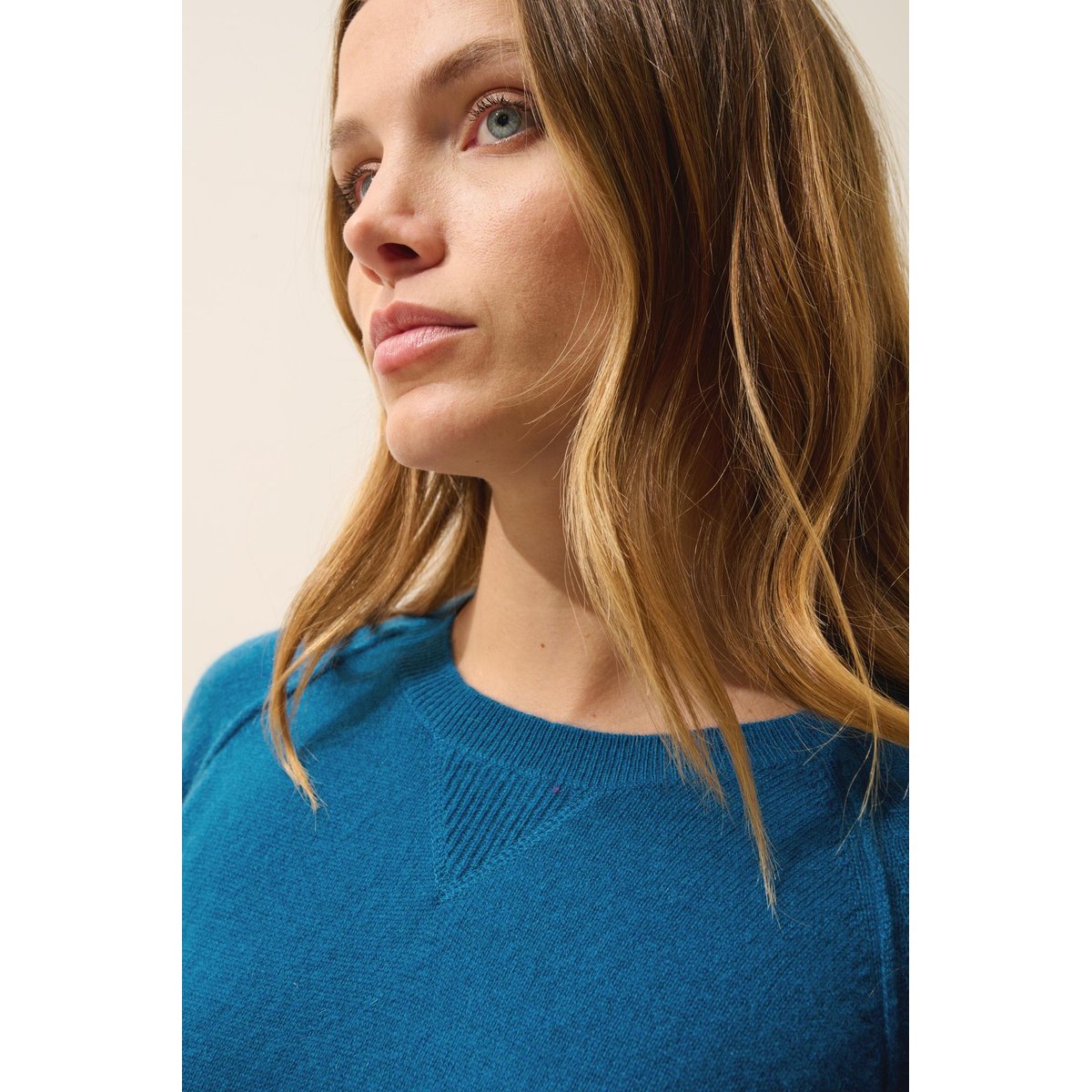 Pull Col Rond Paon Helen bleu vert, JUST CASHMERE