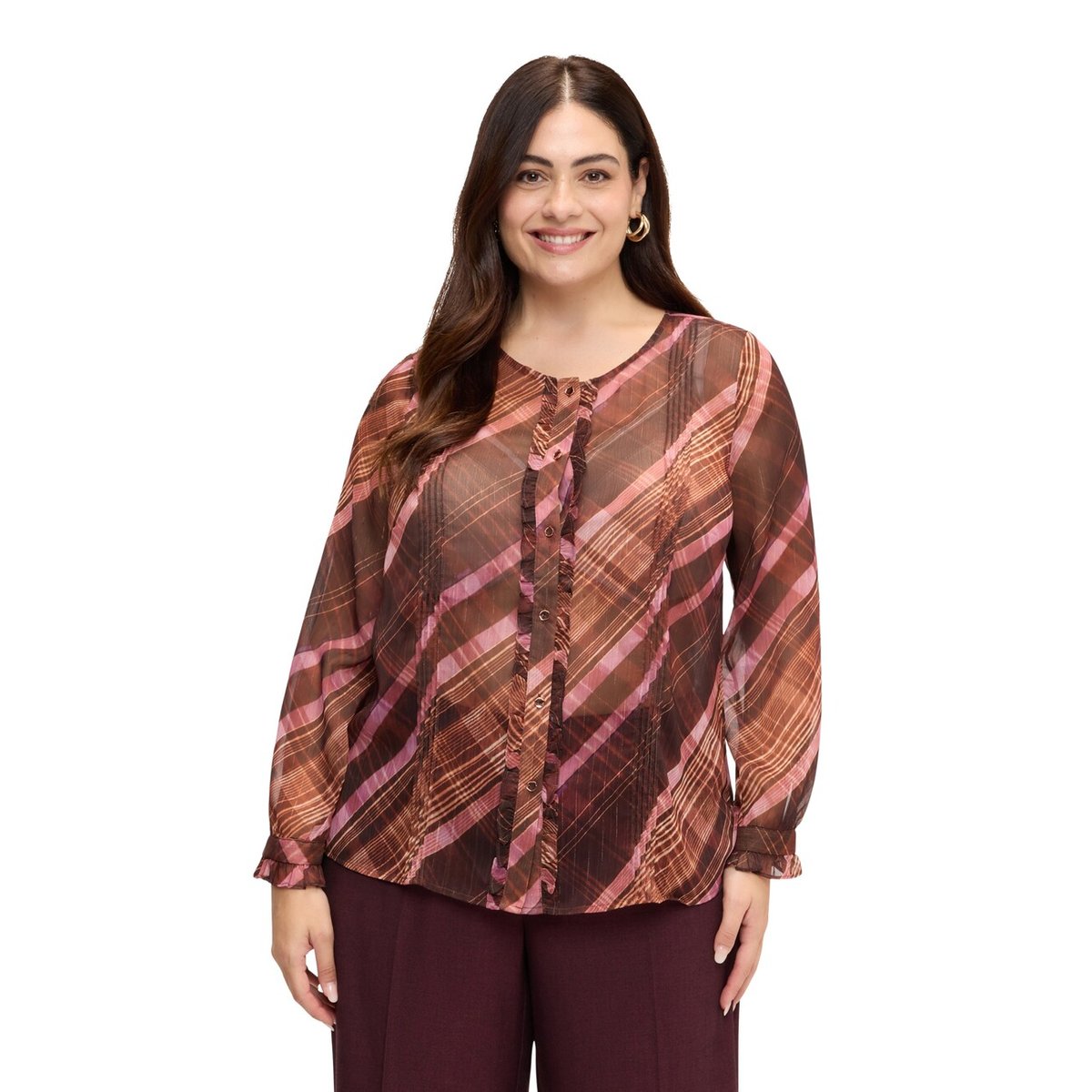 Chemise à imprimé carreaux avec volants marron, FIORELLA RUBINO