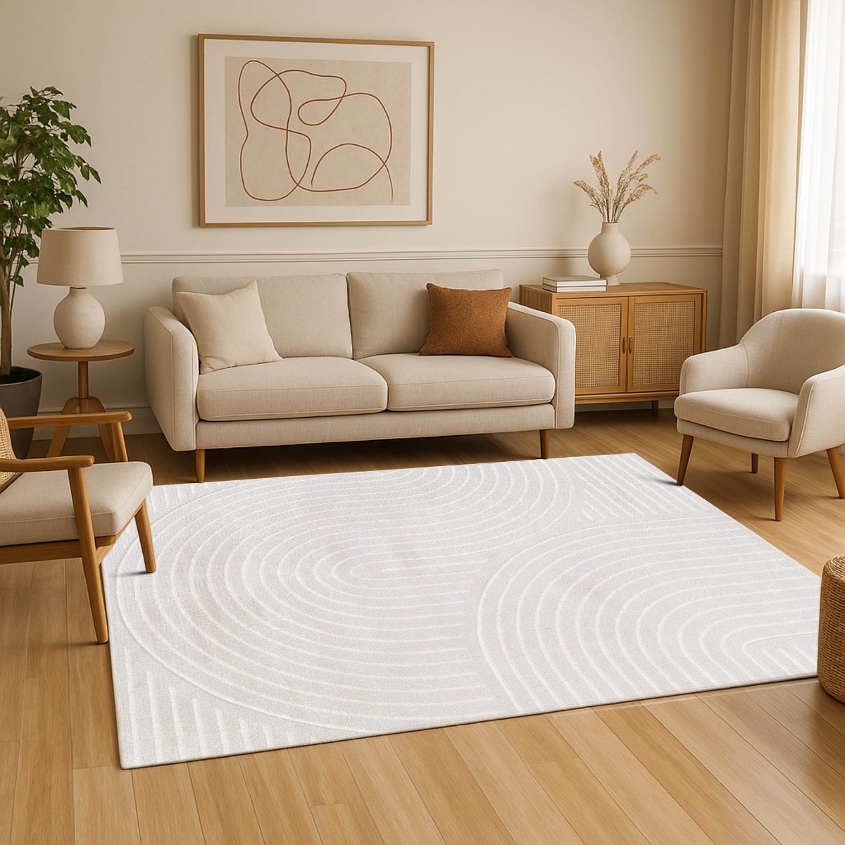 Tapis doux à relief abstrait géométrique  LUNE courbes blanches, THE DECO FACTORY