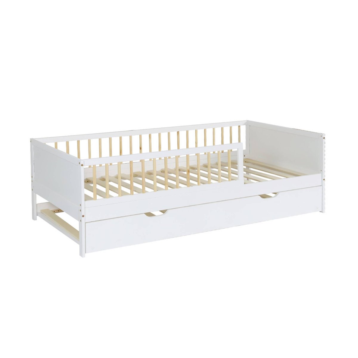 Lit gigogne enfant 90 x 190 cm pin naturel avec sommier à lattes et tiroir ELIO blanc, SWEEEK