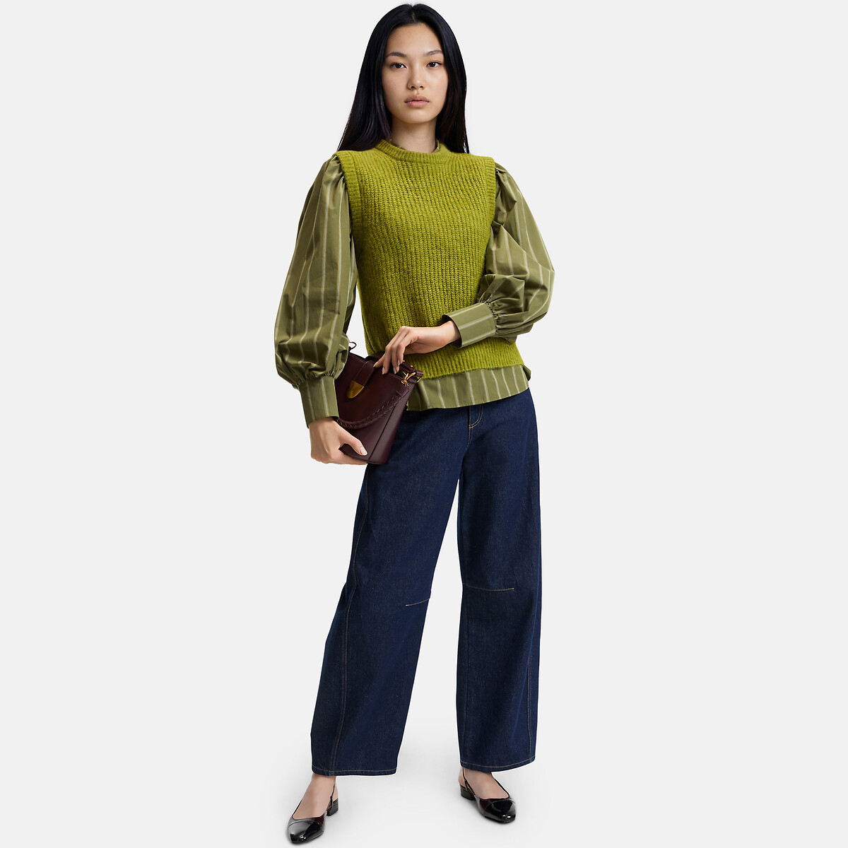 Striped Cotton Loose Fit Puff Sleeve Shirt green/ecru striped, LA REDOUTE COLLECTIONS