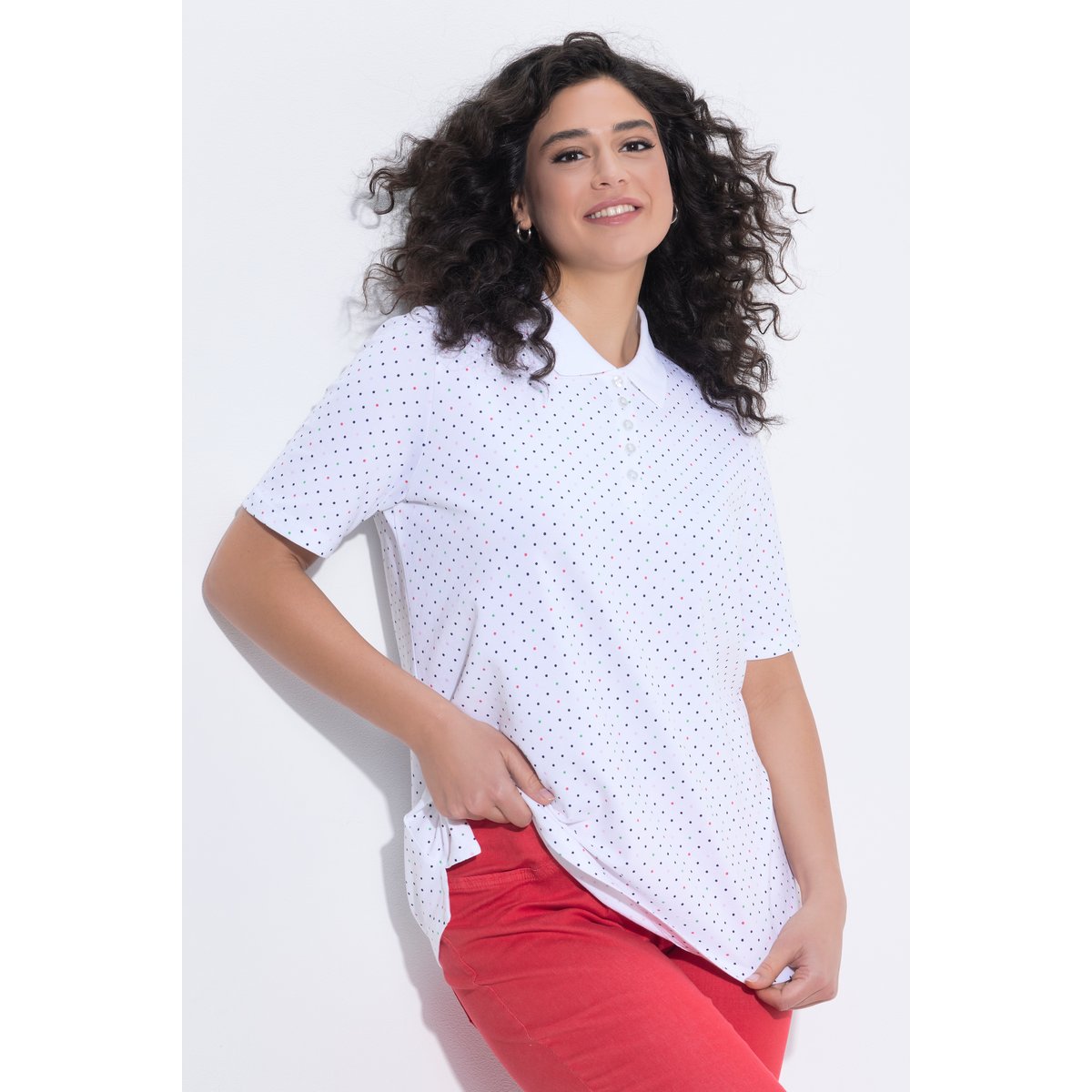 Polo rayé en coton Pima, motif à pois blanc neige, ULLA POPKEN