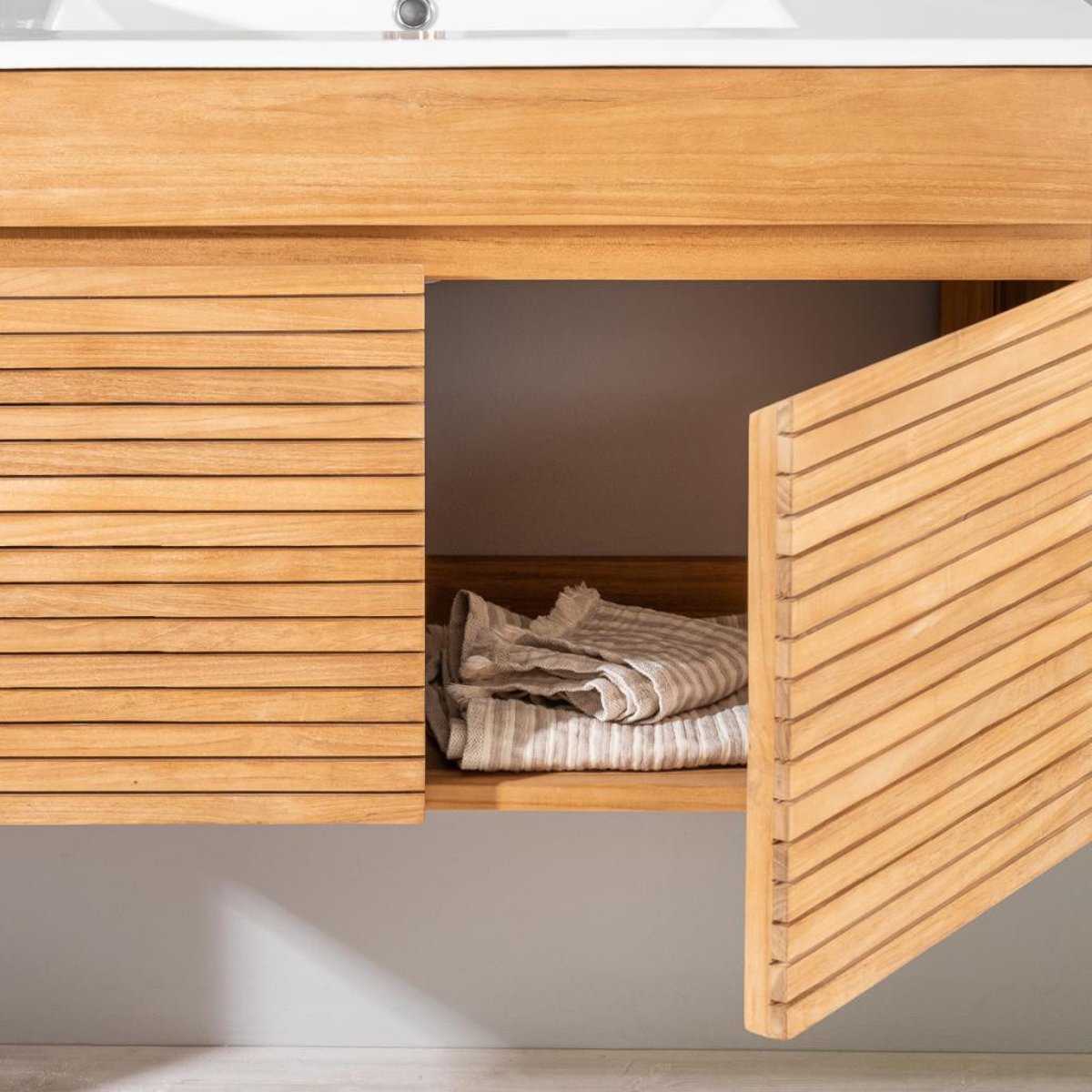 Meuble salle de bain en teck et céramique 90cm AKTUAL blanc, WANDA COLLECTION
