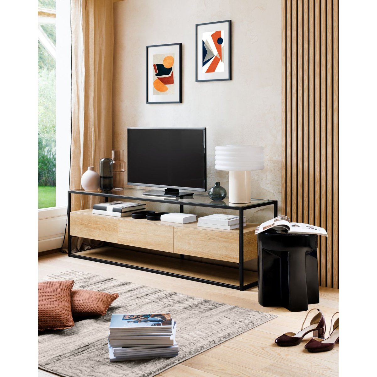 Meuble TV 3 tiroirs effet bois et verre ALDEA beige, ATMOSPHERA