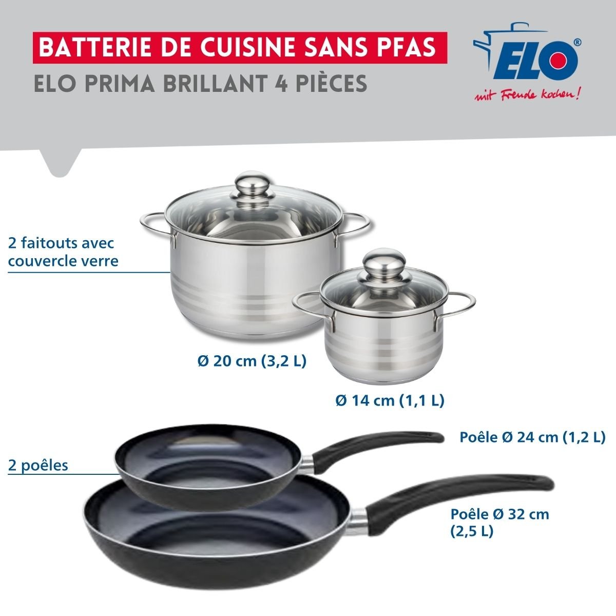 Batterie 2 poêles 24/32cm + 2 faitouts 14/20cm PRIMA BRILLANT noir, ELO