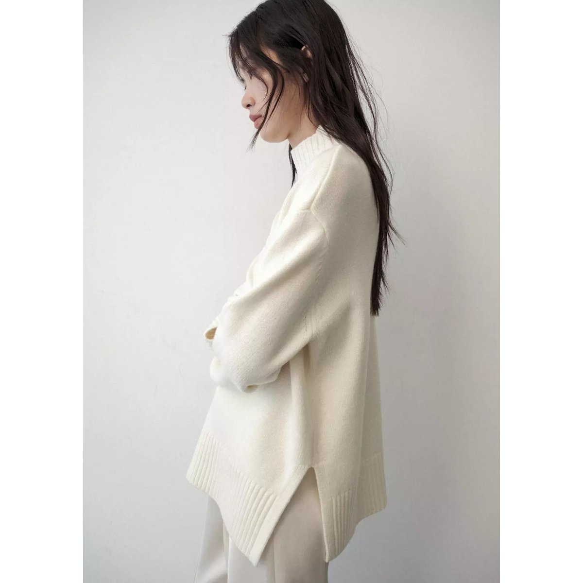 Pull-over à col montant en laine blanc, MANGO