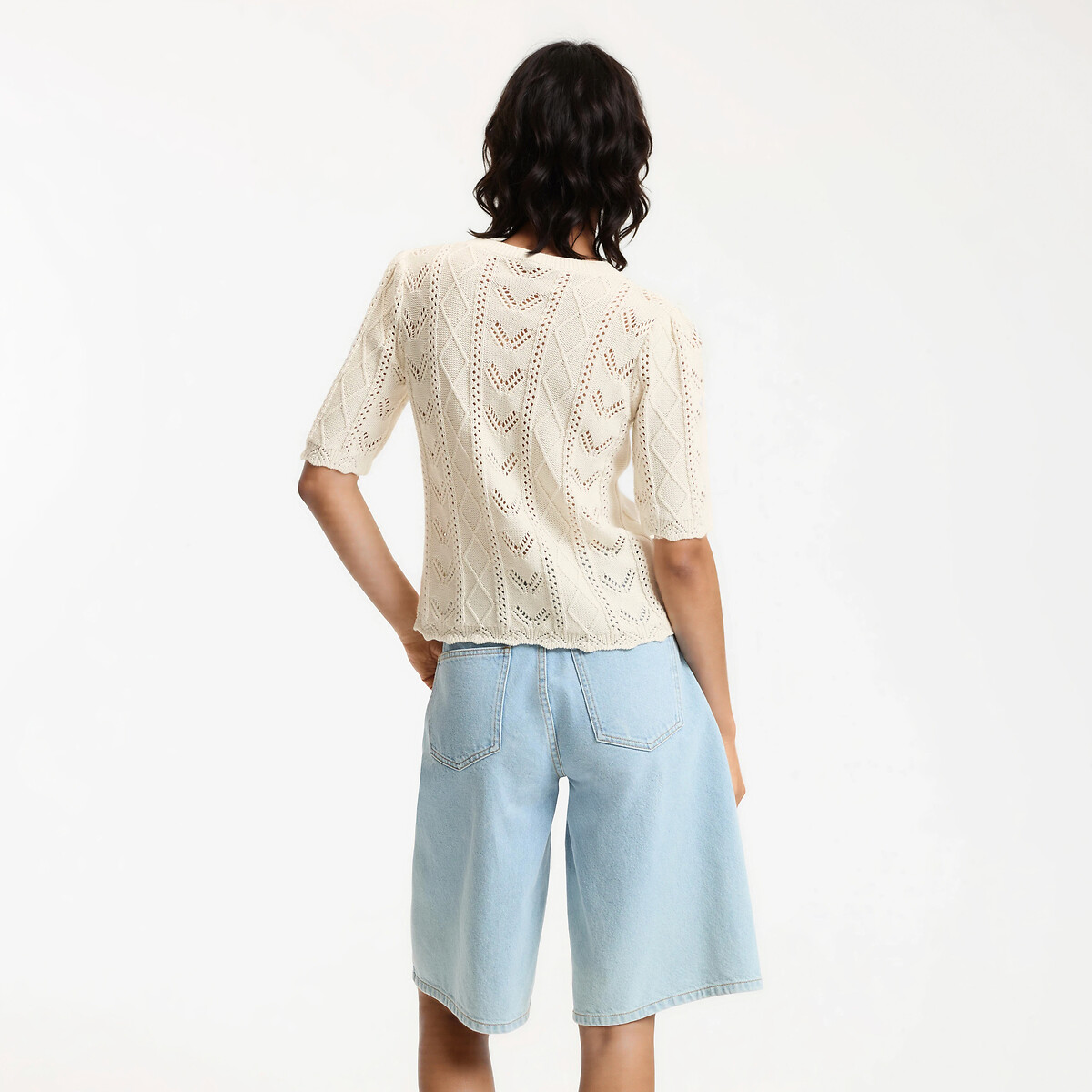 Fine Pointelle Knit Crew Neck Jumper ecru , LA REDOUTE COLLECTIONS