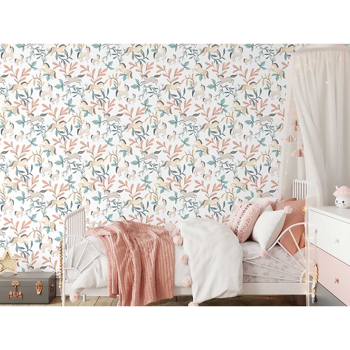 Papier peint licornes et feuillages pastel enfant multicolore, HEXOA