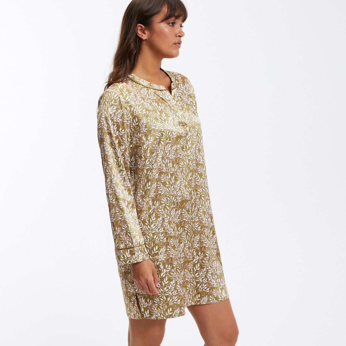 Leaf Print Satin Nightshirt ochre print, LA REDOUTE COLLECTIONS
