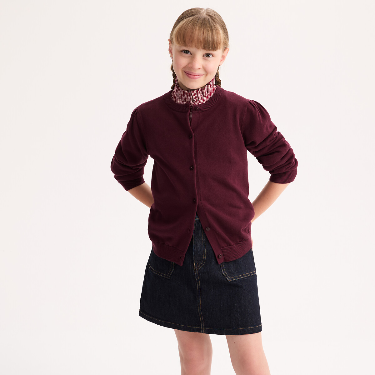 Cotton Fine Knit Cardigan burgundy, LA REDOUTE COLLECTIONS