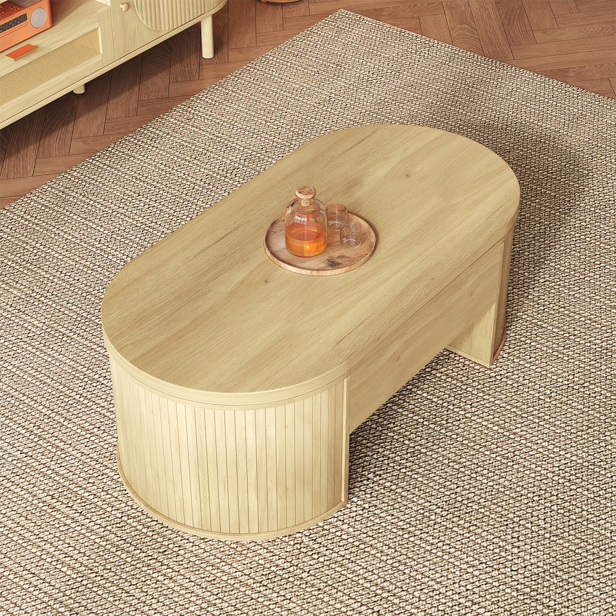 Table basse relevable panneaux courbes, CHESTNUT oak, MEUBLES COSY